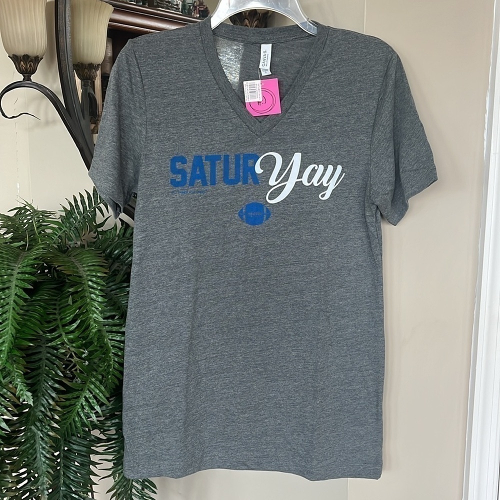 Brand New SaturYay College Football Gray Short Sleeve Shirt V-Neck Top